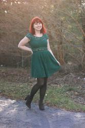 Christmas Outfit: Green Lace Dress with Gray Leopard Print Heels