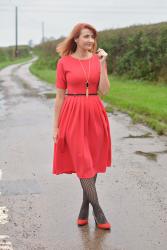 Red Fit n Flare Christmas Day Dress With Patterned Tights