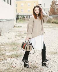 FRINGE DENIM + SLOPPY SWEATER