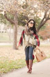 Fringe Plaid Cape + Fur Scarf