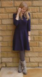 Outfit: Navy Knitted Skater Dress and Grey Biker Boots