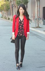 Kensie Red Blazer + Stitch Fix Cut Out Floral Blouse