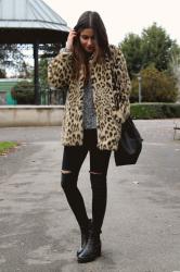 Leopard coat + grey sweater