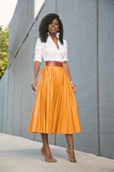 Button Down Shirt + Faux Leather Pleated Midi Skirt