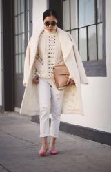Pop of Pink with Chunky Knit & White Jeans