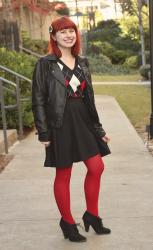 Outfit: Argyle Sweater, Black Skater Skirt, and Red Tights