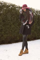 Leather pants and burgundy hat outfit