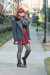 Outfit: Gray Wool Coat, Leopard Print Circle Scarf, Maroon Skirt, and Sheer Leopard Tights