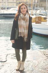 Stay warm: olive, beige and plaid scarf