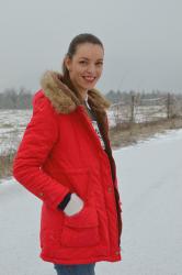 red parka with dark blue sweater + giveaway