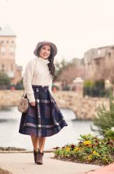 Plaid Midi Skirt + Grey Hat