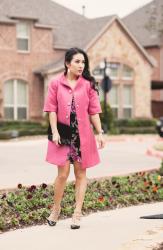 Pink Coat + Black Floral Dress