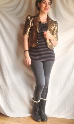 Gold sequined blazer + pleather leggings | Emily x Hannah