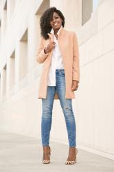 Camel Coat + Button Down + Stiletto Jeans