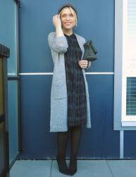 Head games:  plaid shirt dress, long cardigan, and a woolen beanie