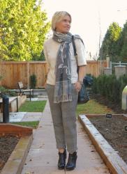 Short changed:  plush tee, slouchy plaid pants, and embroidered scarf