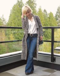 Tech talk: flare jeans, white shirt, and a cardigan coat