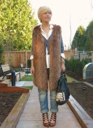 Lovelace:  lace-up heels with boyfriend jeans and a faux-fur vest