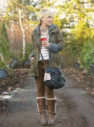 Tall order:  khaki skinnies, layered jackets, and lug-soled boots