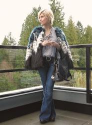 Fun fur:  flare jeans, polka-dotted blouse, and colour-blocked faux-fur jacket