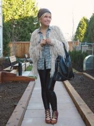 Pretty or not: shaggy cardigan, camo shirt, vegan leather leggings, and lace-up heels