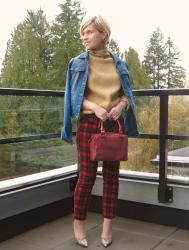 Pageantry: tartan skinnies, turtleneck sweater, and a denim jacket