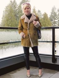 Cold front:  sheepskin coat, vegan leather leggings, reptile pumps, and sunglasses