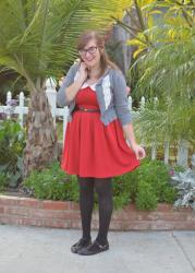 Red Modcloth Dress + Gray Lace Cardigan
