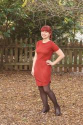 Outfit: Rust Orange Suedette Dress with Brown Leopard Print Tights