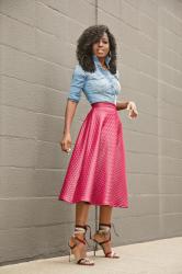 Fitted Denim Shirt + Swing Midi Skirt