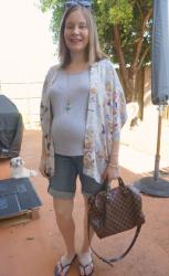 Grey Tees, Printed Kimonos, Denim Maternity Shorts and Louis Vuitton Speedy B Bag