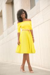 Off Shoulder Blouse + Yellow Striped Skirt