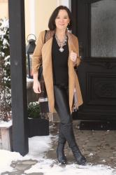 Suede coat and statement necklace