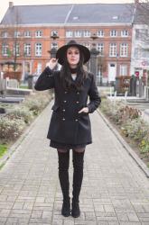 Outfit: military coat, thigh high boots
