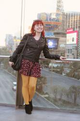 Outfit: Black Leather Jacket, Floral Flippy Dress, and Bright Yellow Tights