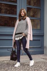 Grey Sweater and Pastel Coat
