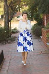 floral midi skirt with lace insert top