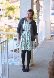 Leaf Print Dress + Gray Cardigan