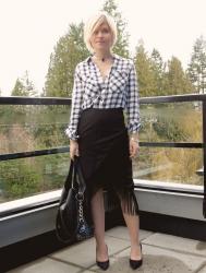 Digging this:  Fringy midi-skirt, pumps, and plaid flannel shirt