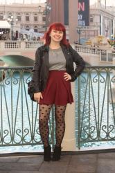 Outfit: Maroon Skater Skirt, Polka Dot Tights, and a Silver Sweater
