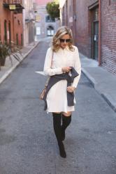 Silk Shirtdress + Chunky Knit Sweater