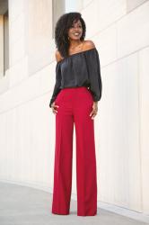 Off Shoulder Silk Blouse + Wide Leg Trousers