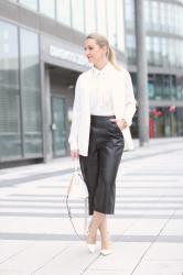 Leather culottes & bow neck blouse