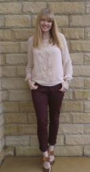 Outfit: Burgundy Jeans with a Blush Blouse and Bronze Glitter Bow Shoes