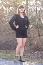 A Jeanie Outfit: Black Romper with Leopard Print Ankle Boots