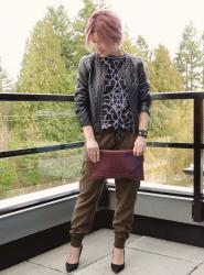 Sleepyhead:  slouchy cargo pants, patterned tee, and quilted faux-leather jacket