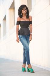 Off Shoulder Peplum Blouse + Cropped Skinny Jeans