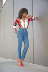 Scarf Print Shirt + High Waist Jeans