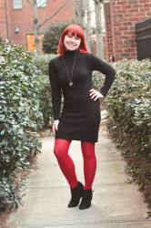 Work Outfit: Turtleneck Sweater Dress with Red Tights and Wedge Boots