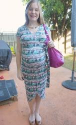 Third Trimester Corporate Style: Printed Wrap Dresses (Maternity and Non-Maternity) and Balenciaga Magenta Day Bag